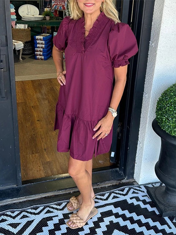 Ruffle V-Neck Puff Sleeve Dress (Buy 2 Free Shipping)