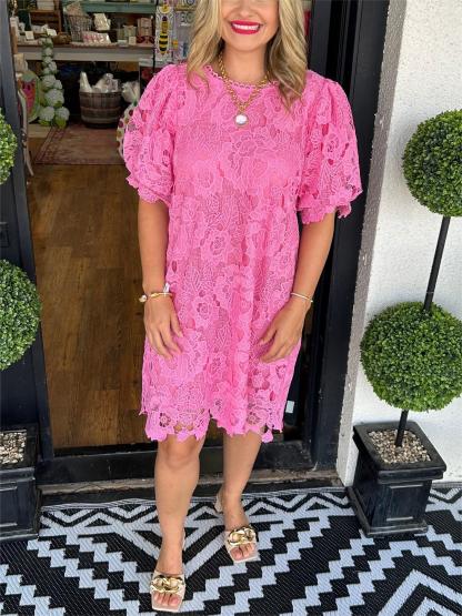 Floral Lace Puff Sleeve Dress (Buy 2 Free Shipping)
