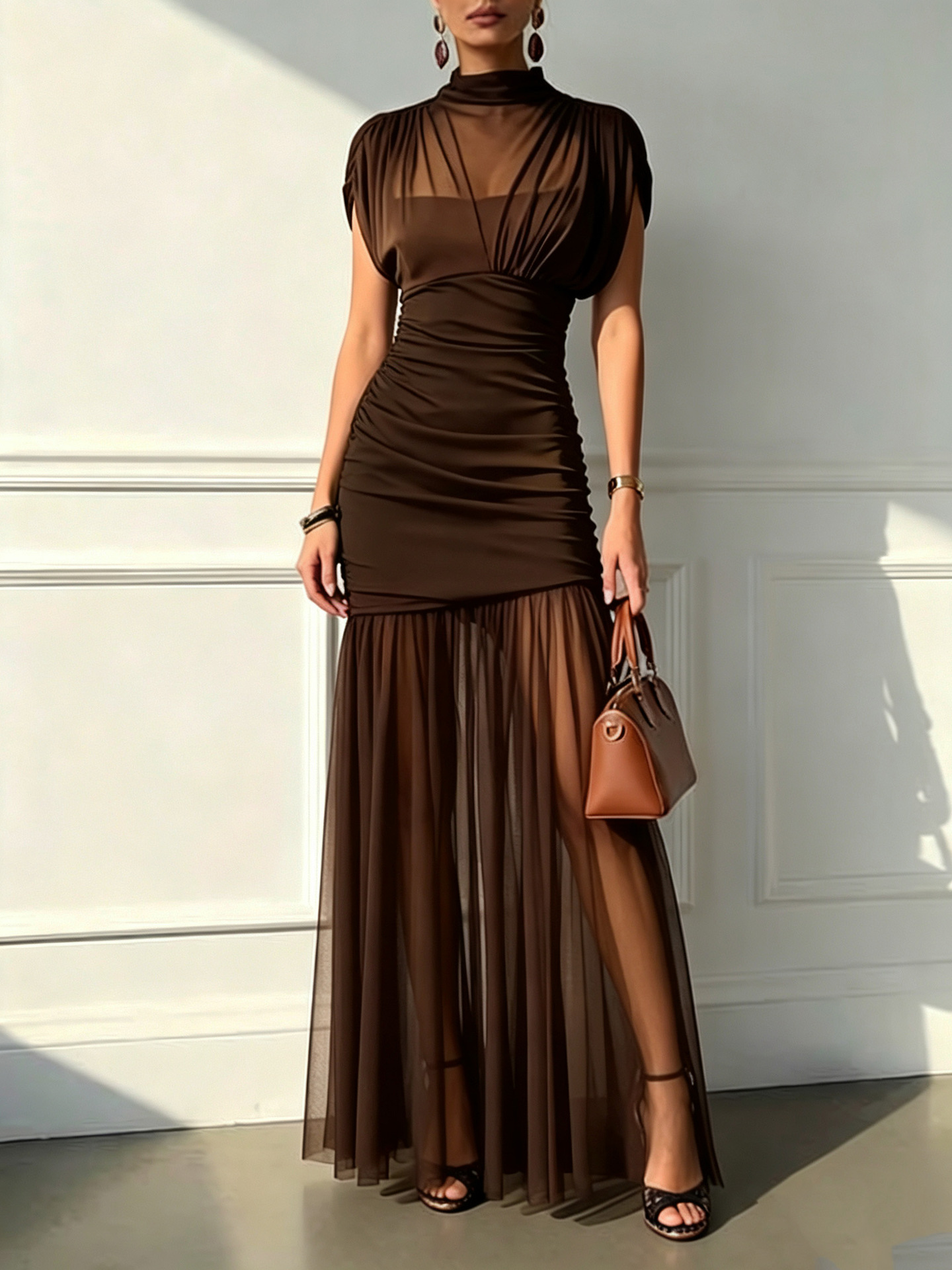 Elegant High-Neck Ruched Sheer-Mesh Maxi Dress