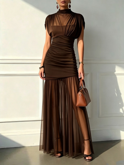 Elegant High-Neck Ruched Sheer-Mesh Maxi Dress