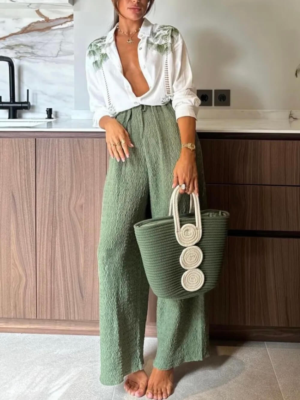 Tropical Calling Linen Blend Loose Blouse and Elastic Waist Pocket Pants Set
