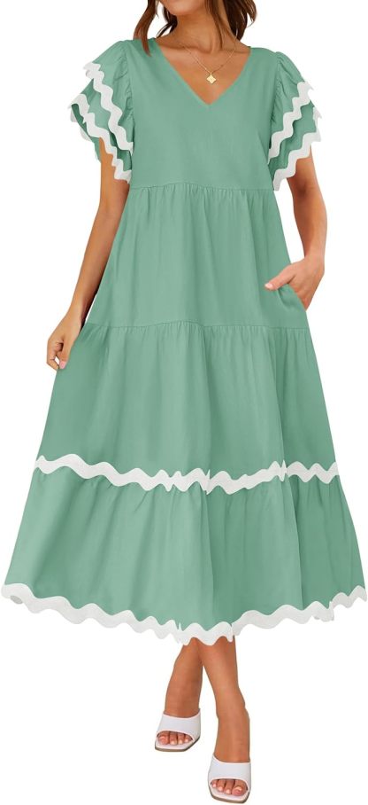 V Neck Flutter Short Sleeve Tiered Long Dress (Buy 2 Free Shipping)