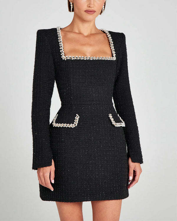 Tweed Fabric Pearl Trim Long Slit Sleeve Pocketed Mini Dress
