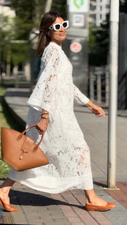  Flower Lace Bell Sleeve Loose Midi Dress (Buy 2 Free Shipping)