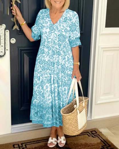 Vintage Floral Print V-Neck Midi Dress (Buy 2 Free Shipping)