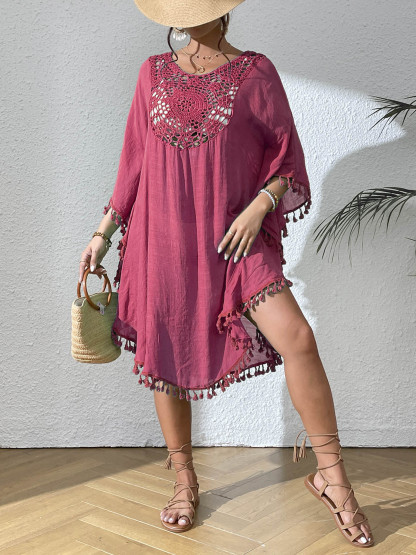 Boho Tassel Trim Crochet Yoke Loose Kaftan Dress