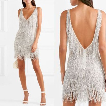 Feather Fringe Sequin Spaghetti Strap Dress