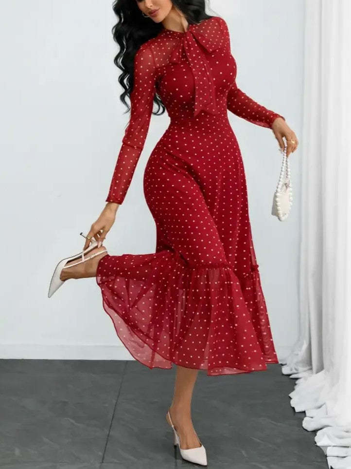 Elegant Polka Dot Bow Neck Mesh Dress (Buy 2 Free Shipping)