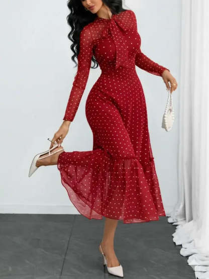 Elegant Polka Dot Bow Neck Mesh Dress (Buy 2 Free Shipping)