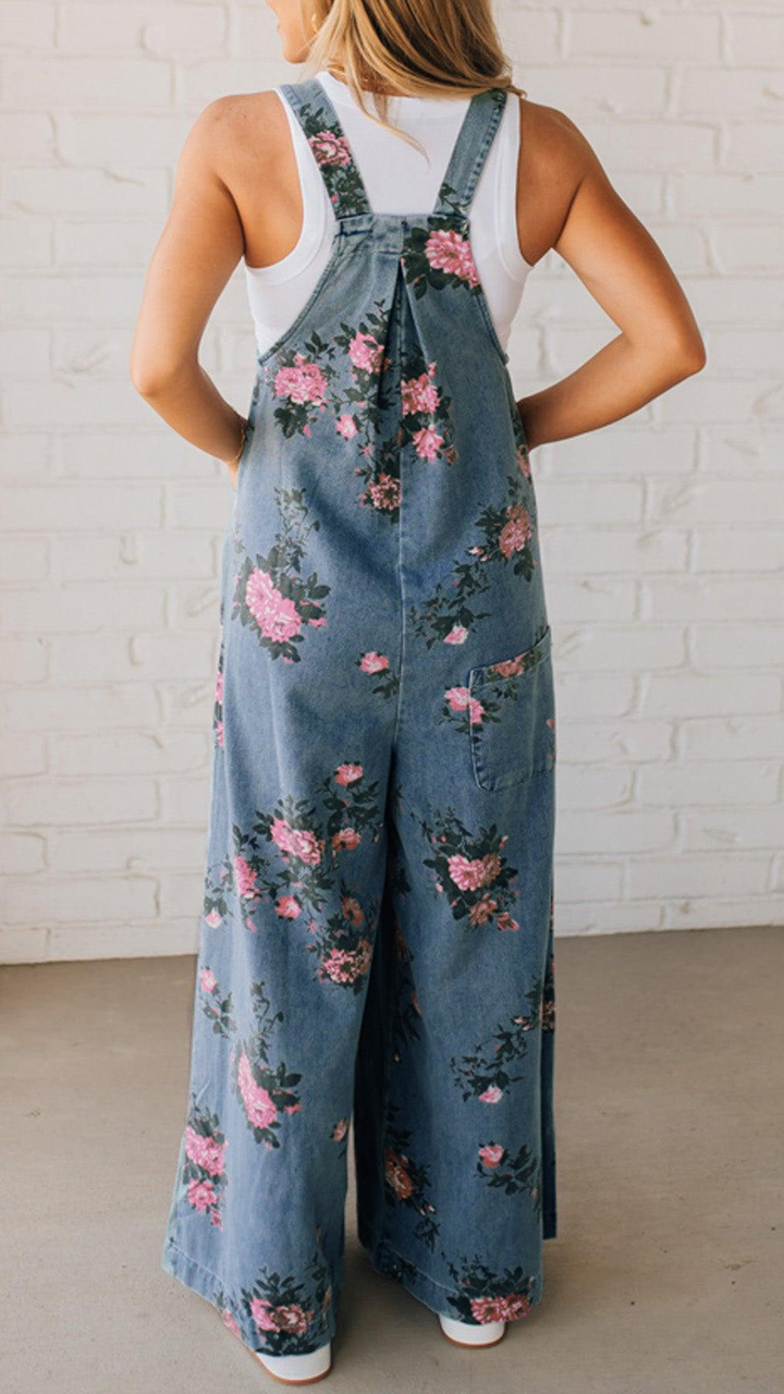 Floral Denim Overalls with Wide-Leg Fit