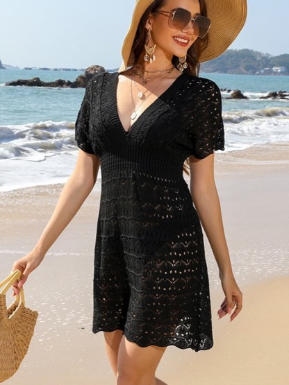 Boho Crochet Knit V-Neck Cinched Waist Mini Cover-Up Dress