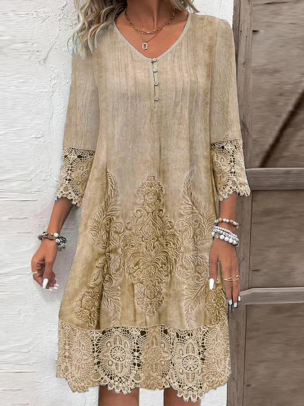 3/4 Sleeve V-neck Graphic Lace Buttons Midi Dress