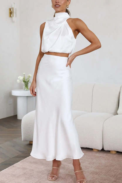 High Neck Satin Drape Maxi Skirt Set (Buy 2 Free Shipping)