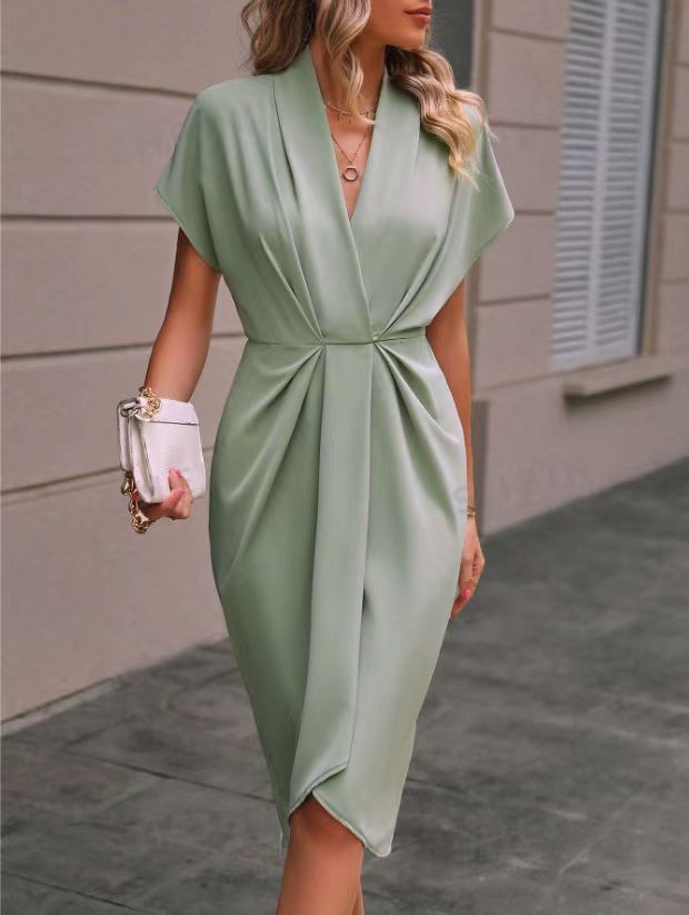 Elegant Draped Pleated V-Neck Midi Dress (Buy 2 Free Shipping)