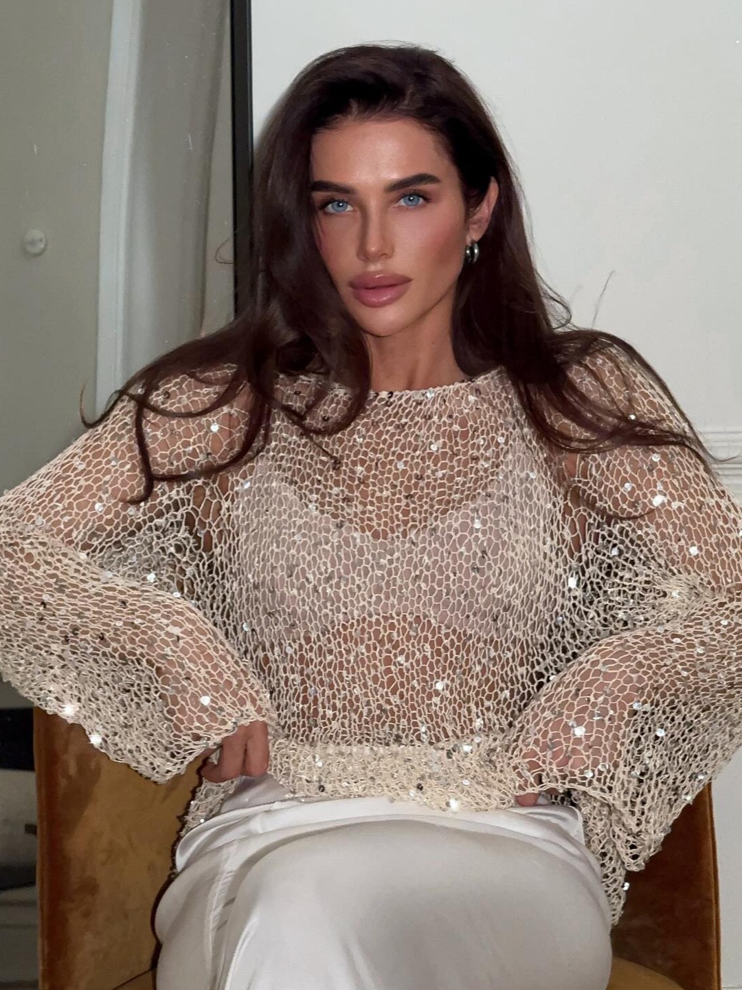 Loose Crochet Knit Bell Sleeve Sequin Top