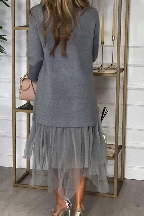 Knit Turtleneck Zip-up Top and Elastic Waist Tulle Loose Midi Skirt Set