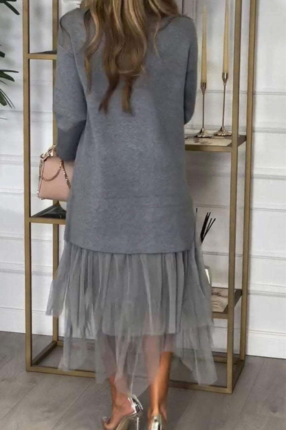 Knit Turtleneck Zip-up Top and Elastic Waist Tulle Loose Midi Skirt Set