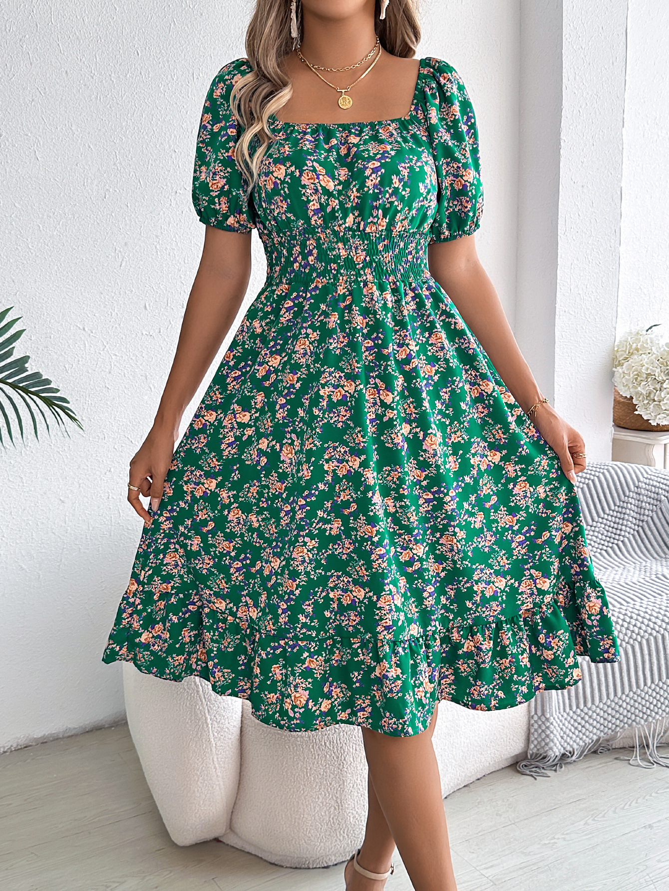 Elegant Floral Square Neck Smocked Waist Midi Dress