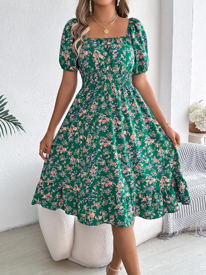 Elegant Floral Square Neck Smocked Waist Midi Dress
