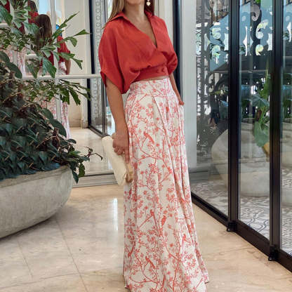 Floral Print Two-Piece Suit with High-Waisted Wide Leg Pants and Mid-Sleeve Shirt
