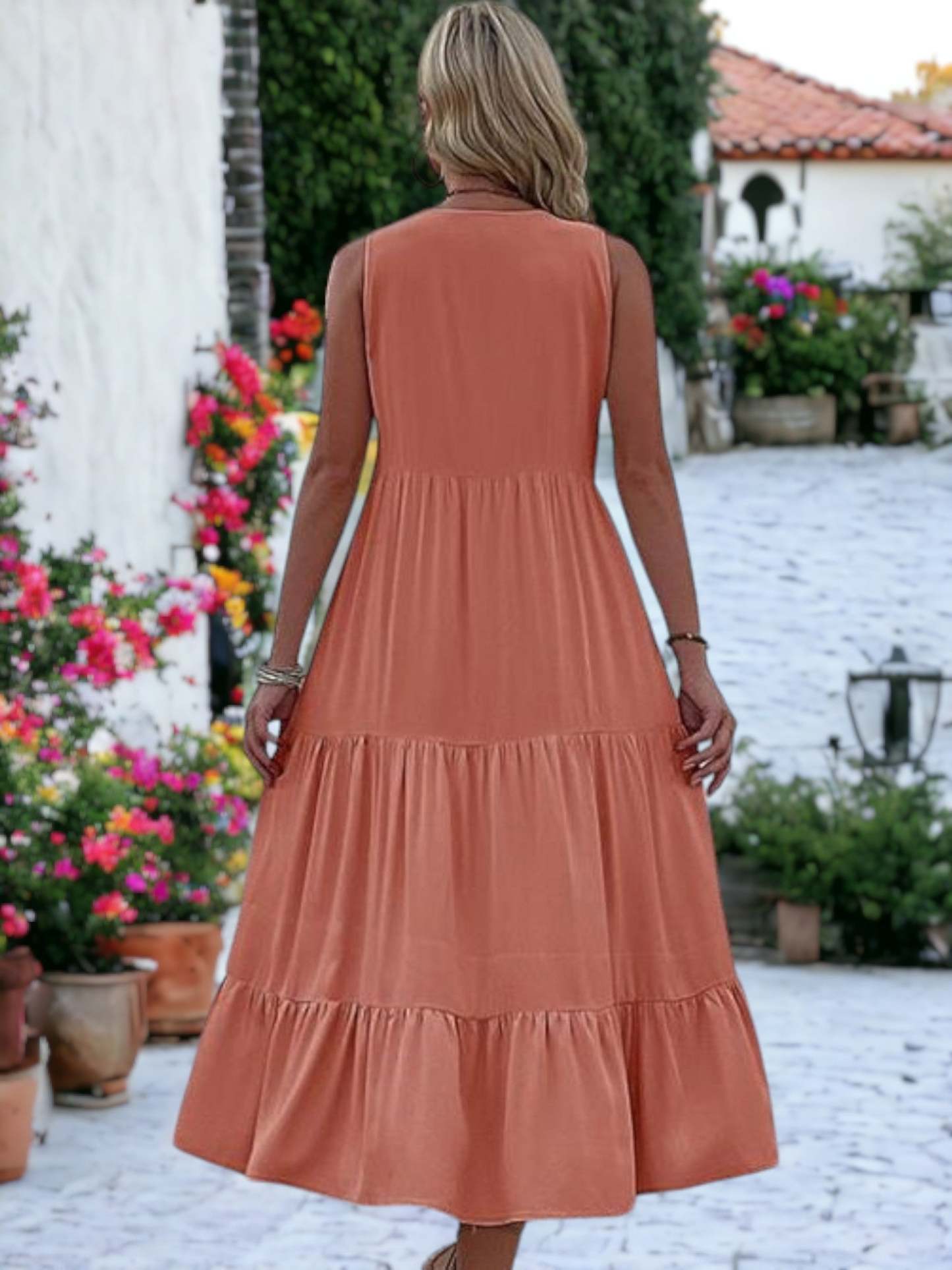 V-Neck Button Detailed Boho Midi Ruffle Dress For Women