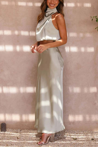 High Neck Satin Drape Maxi Skirt Set (Buy 2 Free Shipping)