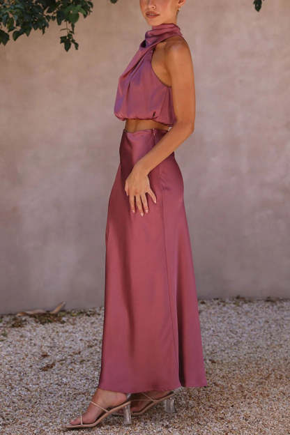 High Neck Satin Drape Maxi Skirt Set (Buy 2 Free Shipping)