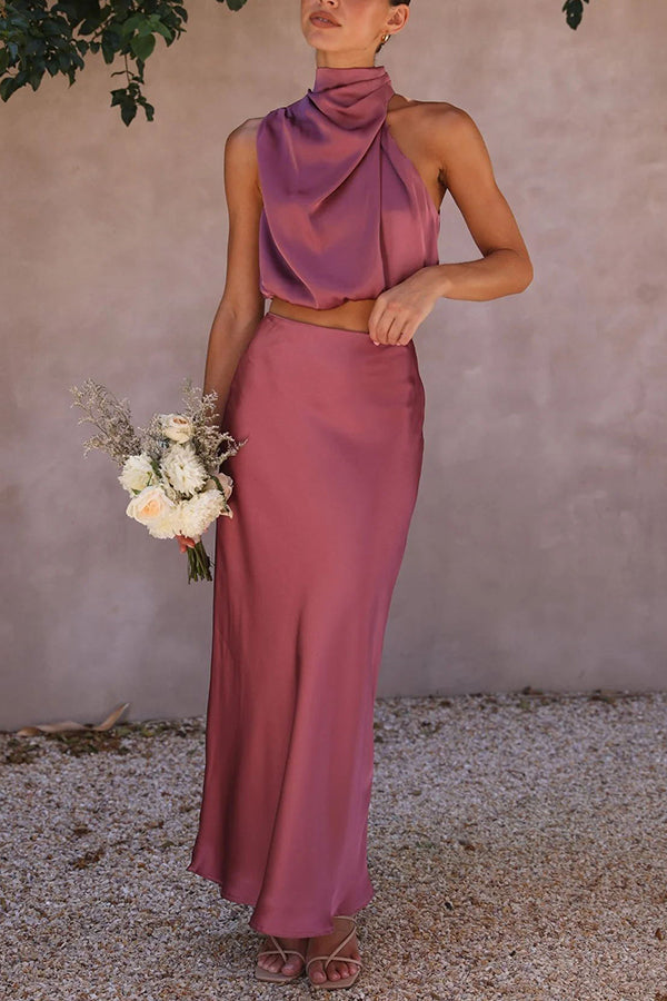 High Neck Satin Drape Maxi Skirt Set (Buy 2 Free Shipping)