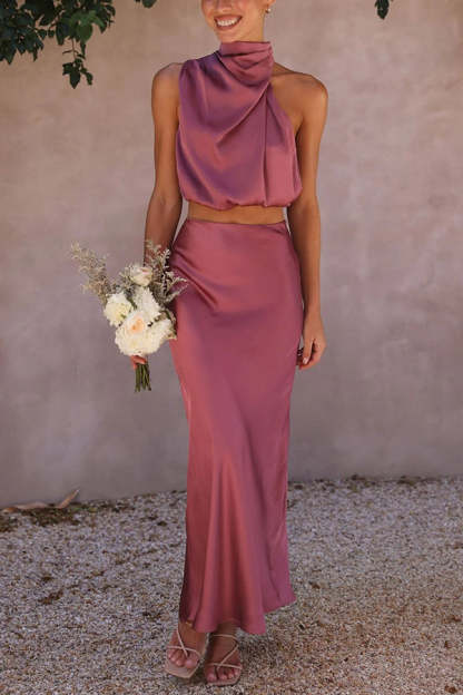 High Neck Satin Drape Maxi Skirt Set (Buy 2 Free Shipping)