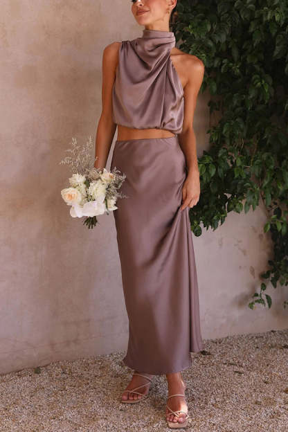 High Neck Satin Drape Maxi Skirt Set (Buy 2 Free Shipping)