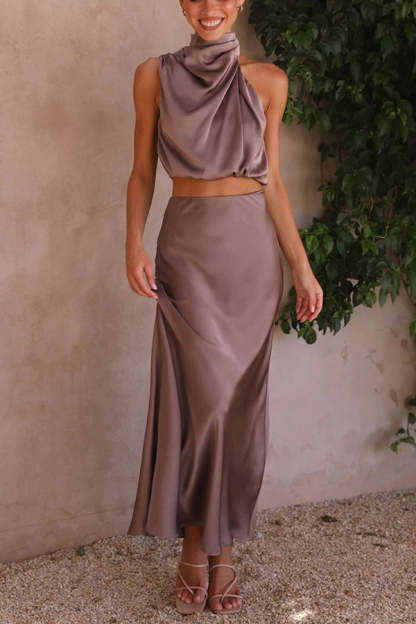 High Neck Satin Drape Maxi Skirt Set (Buy 2 Free Shipping)