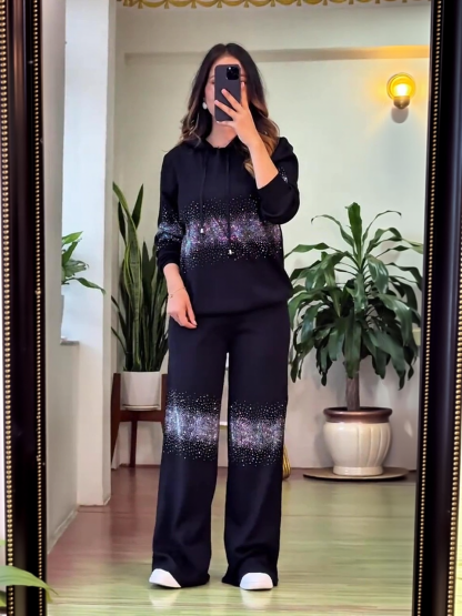 Elegant Gradient Sparkle Rhinestone Hoodie & Wide-Leg Pants Set (Buy 2 Free Shipping)