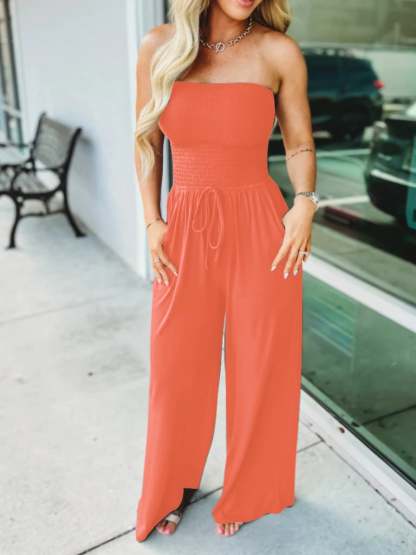 Last Day Promotion 49% OFF💖Off Shoulder Solid Colour Smocked Jumpsuit