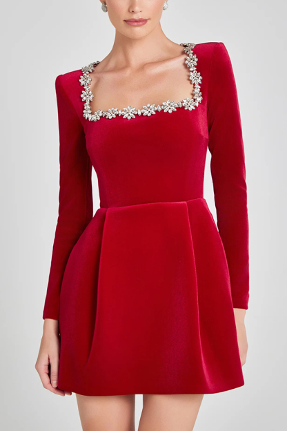 Velvet Jewel Embellished Trim Long Sleeve Pocketed Mini Dress (Buy 2 Free Shipping)