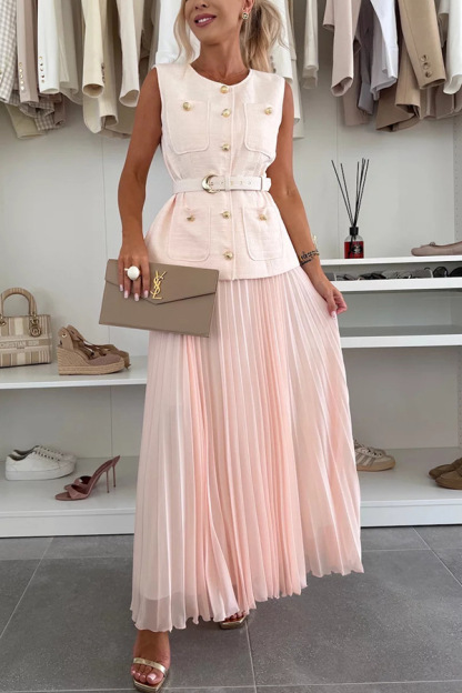 Elegant Sleeveless Belted Top and Pleated Maxi Skirt Set