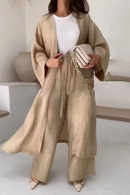 Flowy Textured Kimono Top and Wide Leg Pants Two Piece Set (Buy 2 Free Shipping)