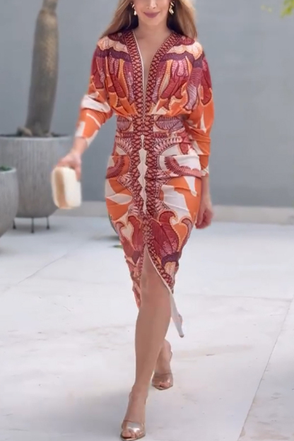 Brazilian Style Unique Print Dolman Long Sleeve Ruched Slit Midi Dress