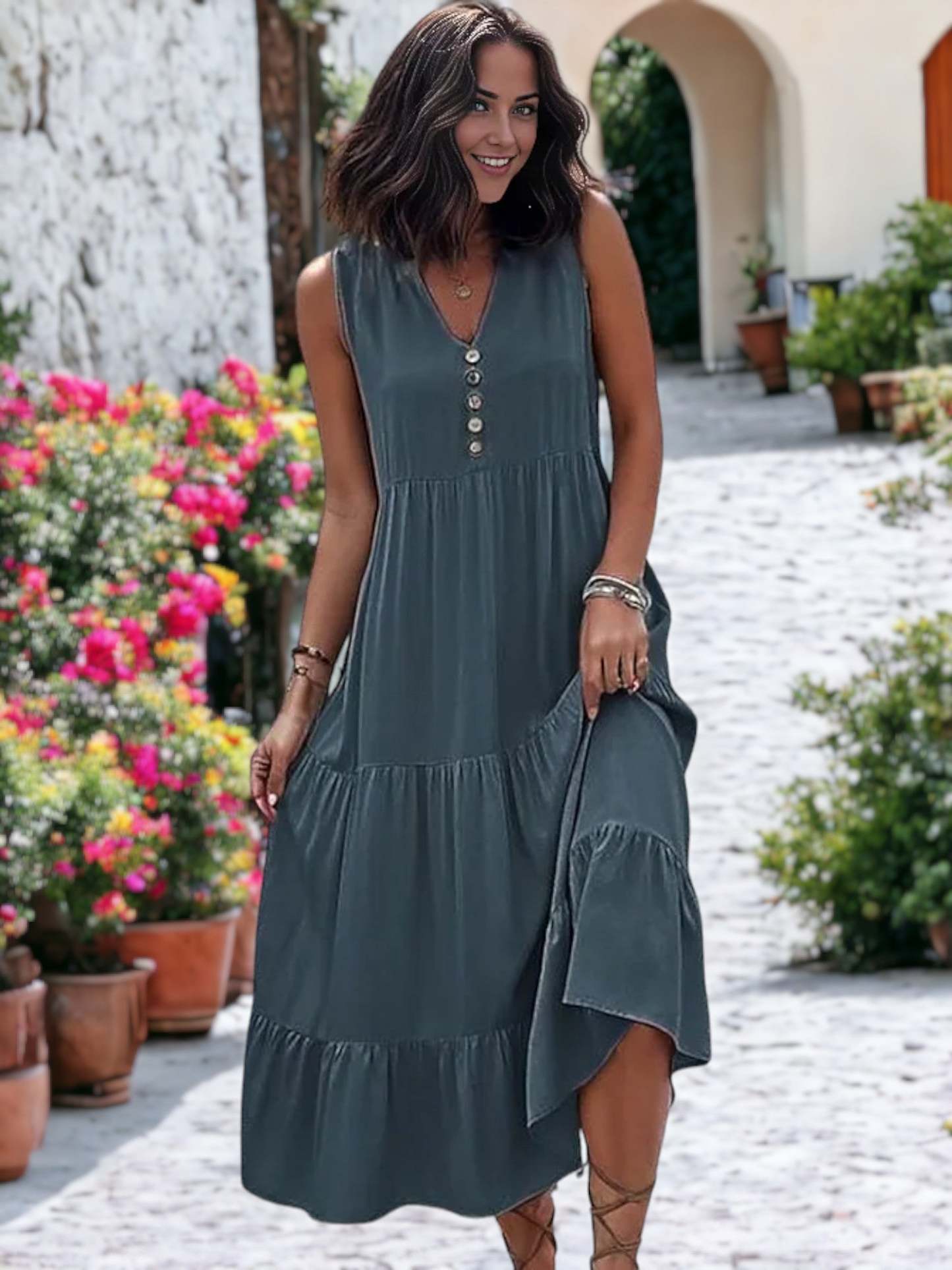 V-Neck Button Detailed Boho Midi Ruffle Dress For Women