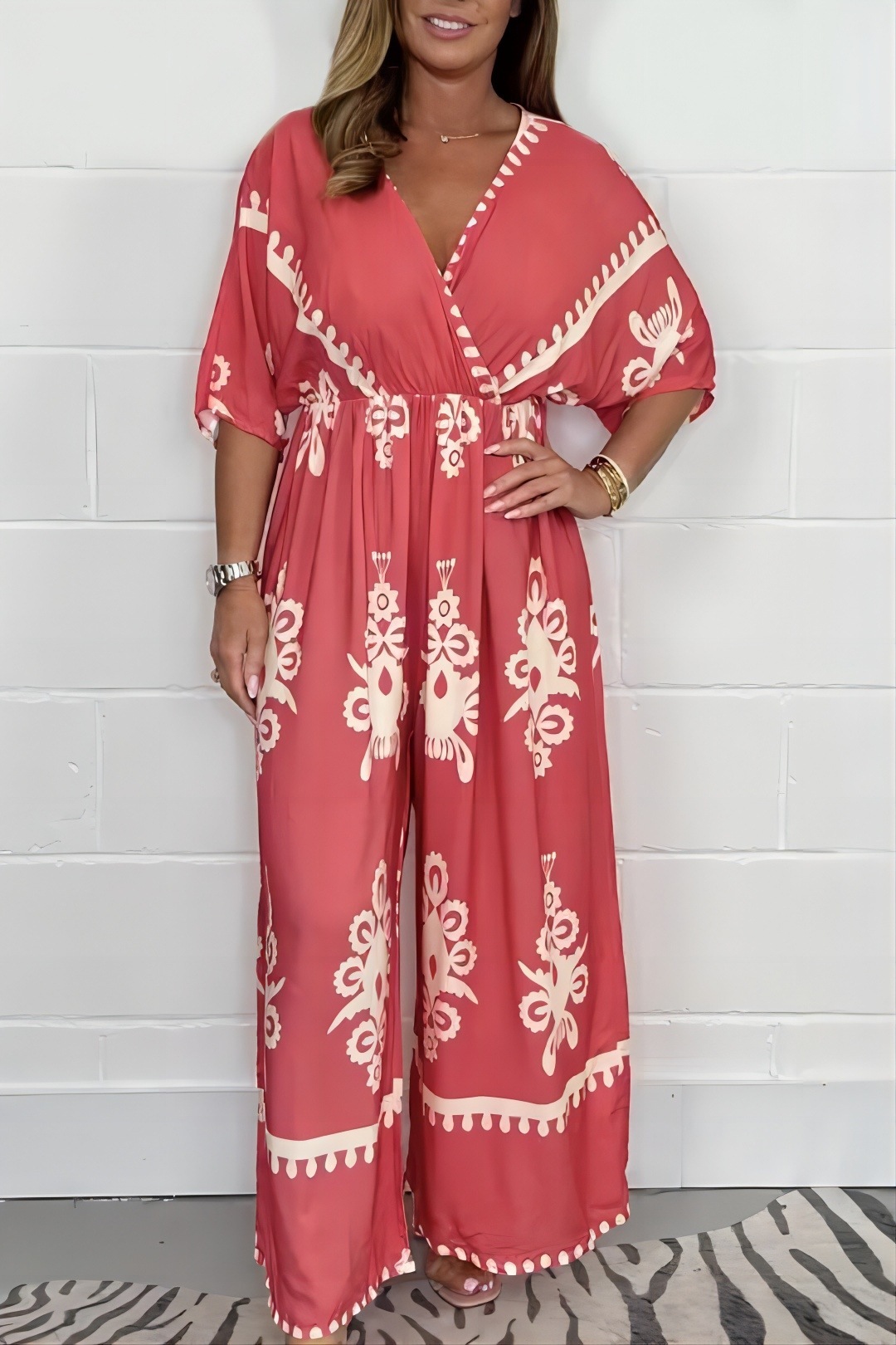 Boho Printed V-Neck Wide-Leg Jumpsuit (Buy 2 Free Shipping)