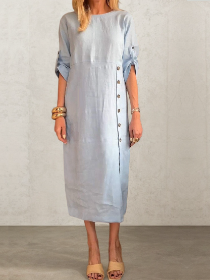 Linen Crew Neck Plain Short Sleeve Midi Dress