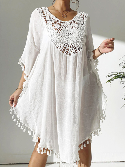 Boho Tassel Trim Crochet Yoke Loose Kaftan Dress