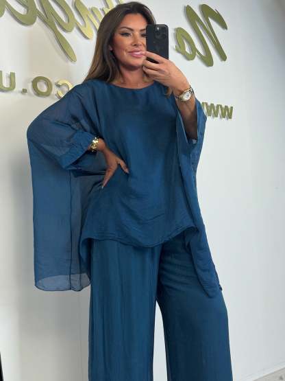 Elegant Chiffon Overlay Top & Wide Leg Pants Two-Piece Set (Buy 2 Free Shipping)