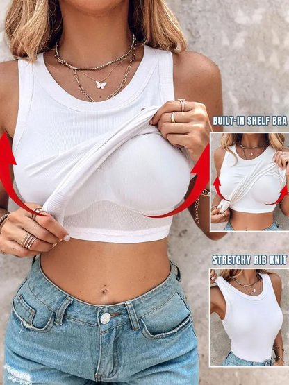 Last Day Promotion🔥Round Neck Built-in Bra Ribbed Tank Top(Buy 2 Free Shipping)