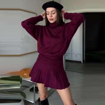 High-Neck Knitted Skirt Suit for Elegant Style(Top + Skirt)