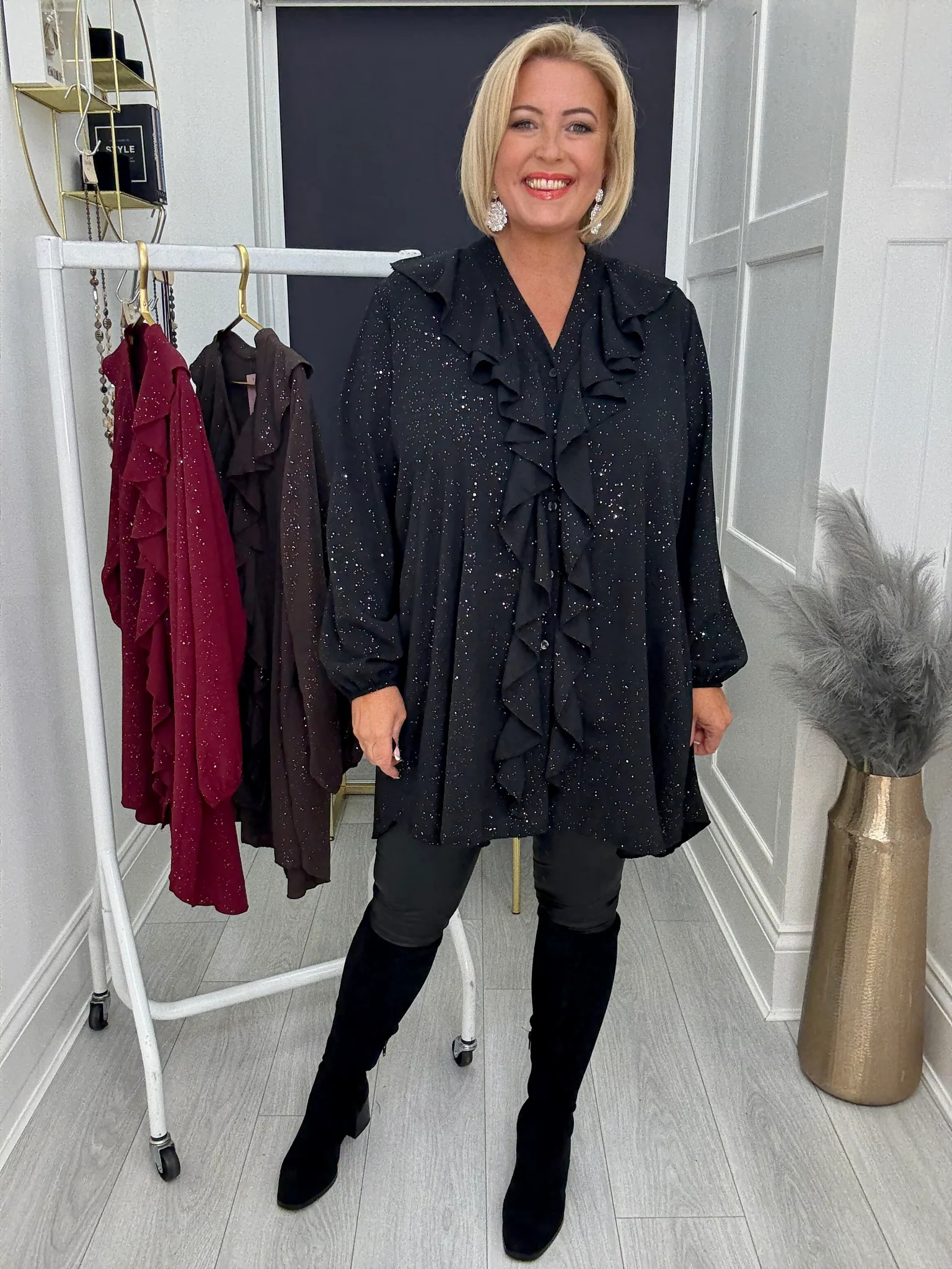 Elegant Sparkle Ruffle Trim V Neck Loose Blouse Top (Buy 2 Free Shipping)