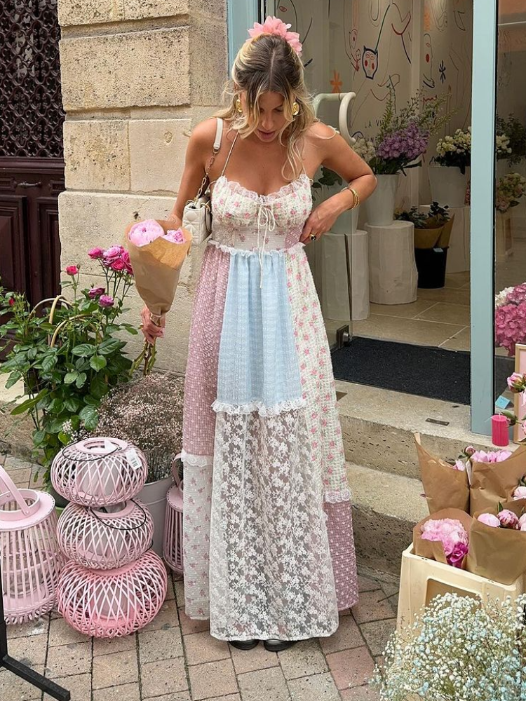 Lace Patchwork Halter Neck Floral Holiday Dress