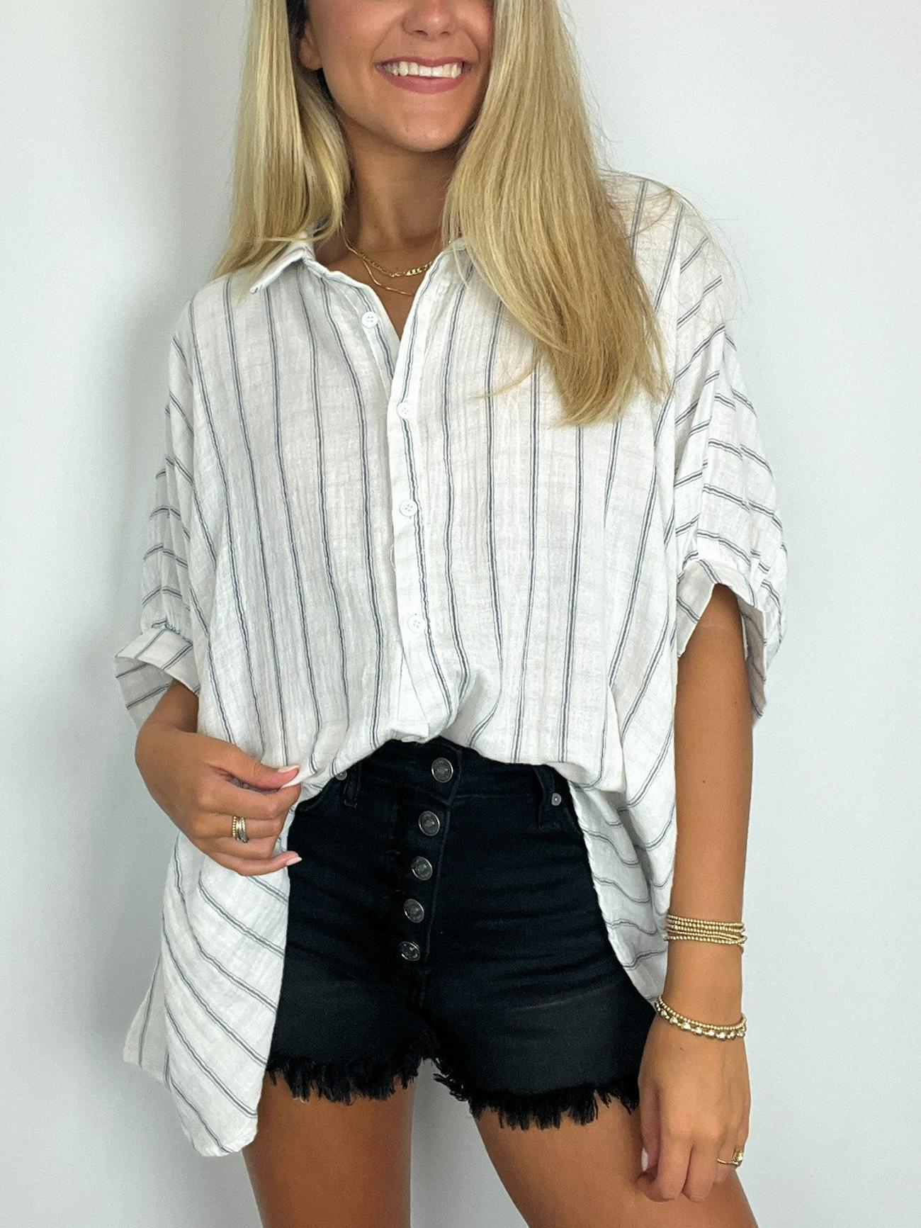2024 Popular Oversized Striped Button Down Top Shirt jacket(Buy 2 Free Shipping)