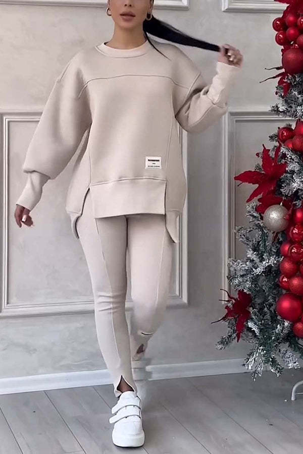 Cozy Irregular Long-sleeved Sweatshirt and Elastic Waist Pants Set (Bu