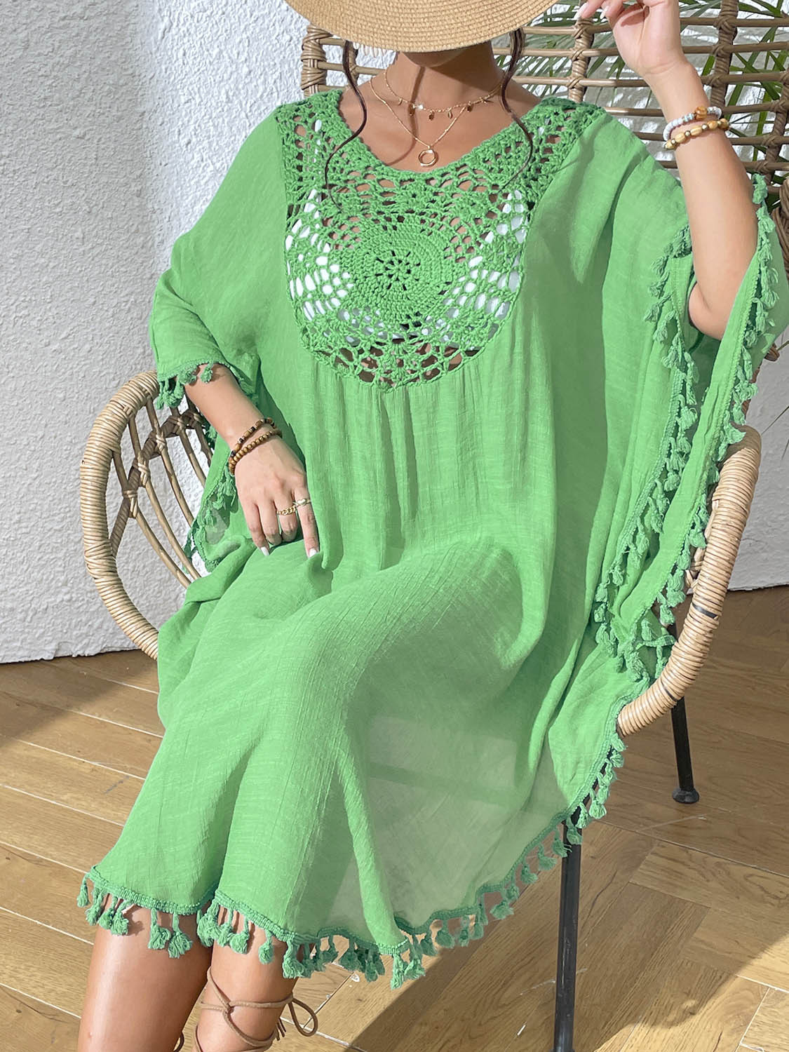 Boho Tassel Trim Crochet Yoke Loose Kaftan Dress