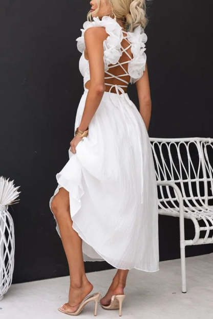 Floral Ruffle Detail Back Lace-up Elastic Waist Maxi Dress
